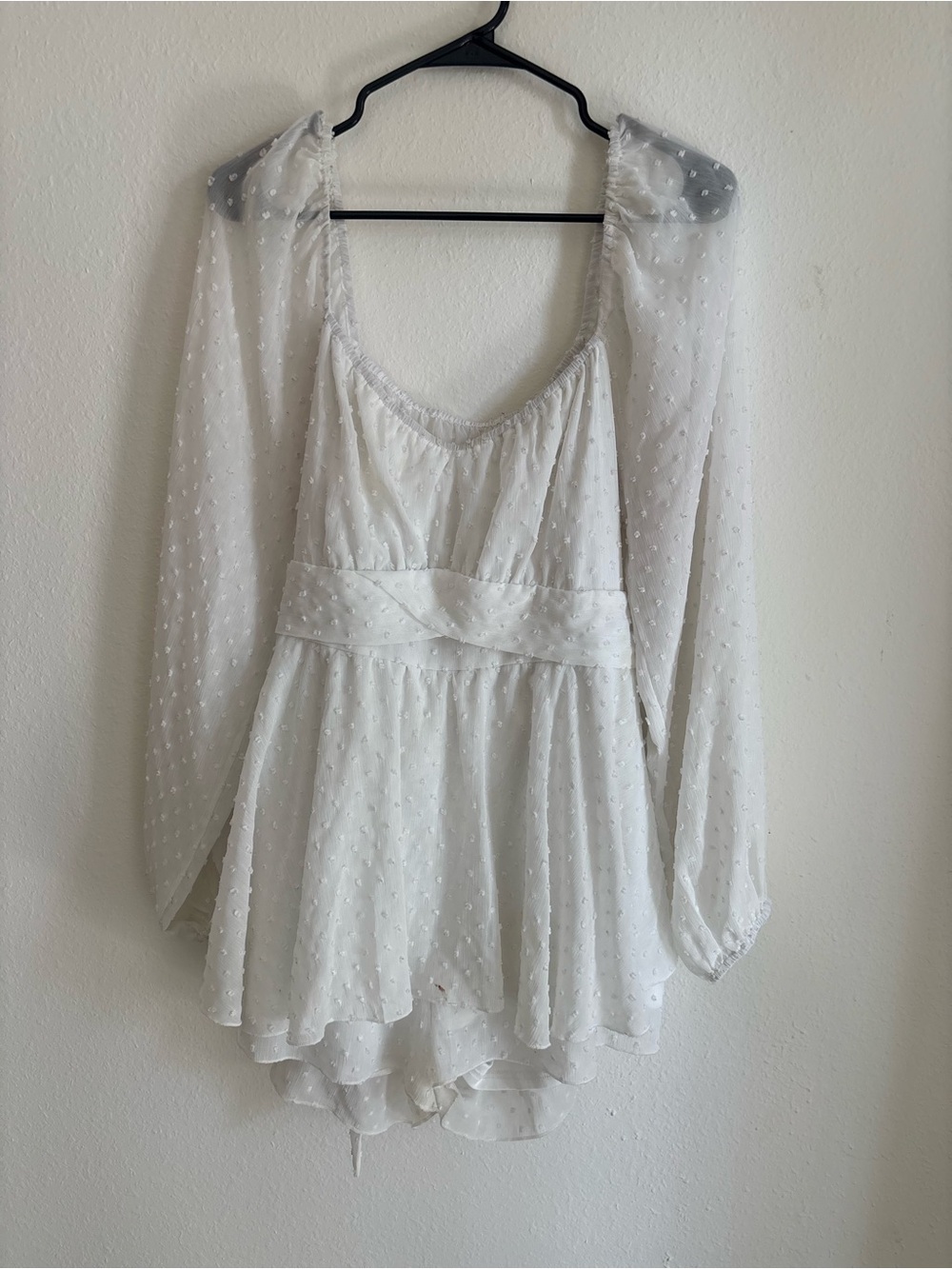 Altar'd State White Swiss Dot Romper with Sheer Long Sleeves